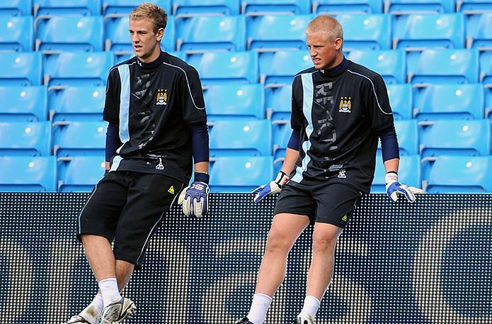 Kasper Schmeichel (right) was second choice to Joe Hart (left) during his time at Manchester City